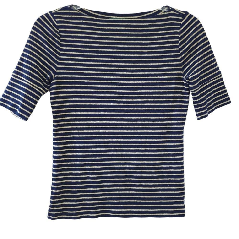 Lauren Ralph Lauren Stripe Shirt Petite Small PS Navy Blue, Gold Metallic Stripe